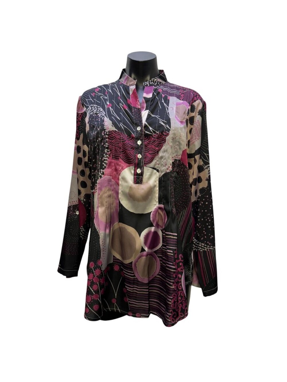 Silks By Fridaze Black Multi Abstract Print Long Sleeve Blouse L